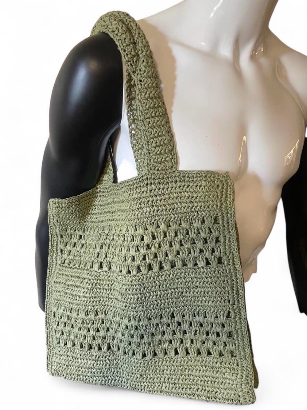 Zara Olive Green Crochet Tote Bag